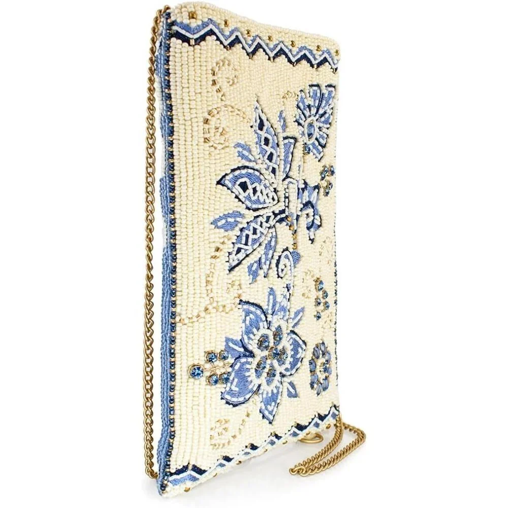 Beaded Floral Crossbody Cell Phone Bag Clutch Vegan Friendly Ivory Blue